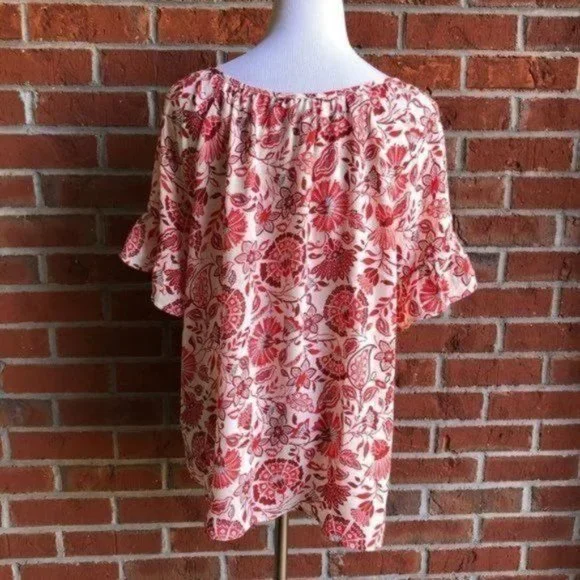 W5 Floral Flutter Sleeve Keyhole Tie Boho Top - Size L - Picture 5 of 8